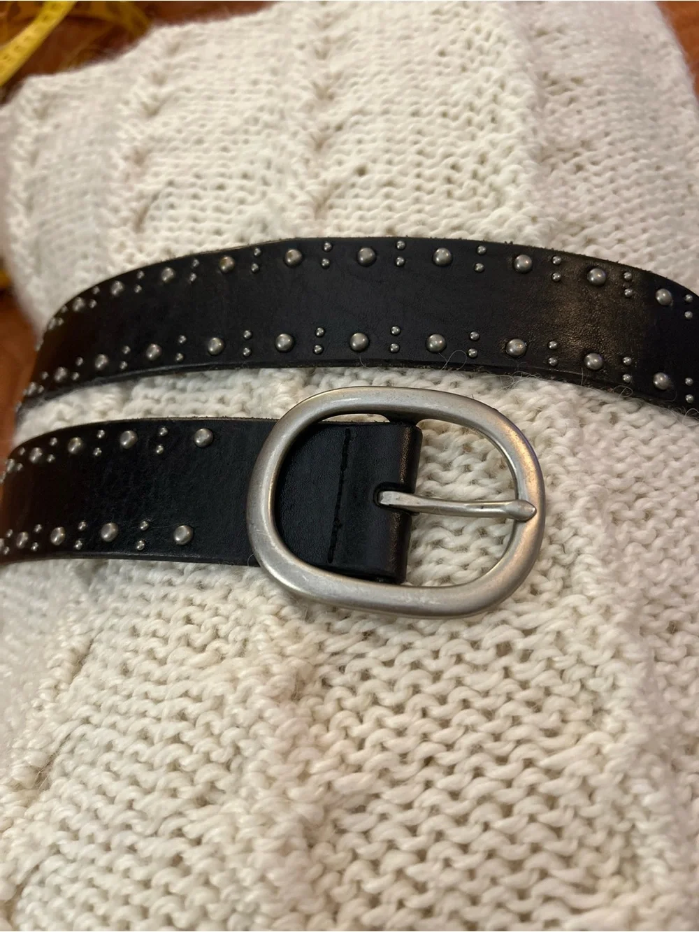 Studded Black Leather Belt with Silver Buckle - Picture 1 of 2